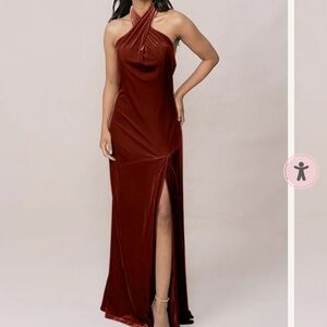 Revelry Velvet Halter Neck Maxi Dress in Terracotta
